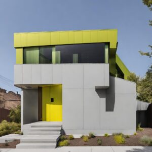 黄緑の屋根とグレーの家