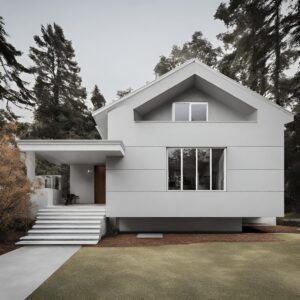 白色の屋根と淡いグレーの家