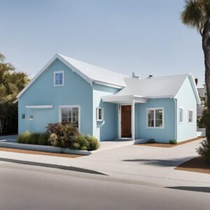 白色の屋根とライトブルーの家